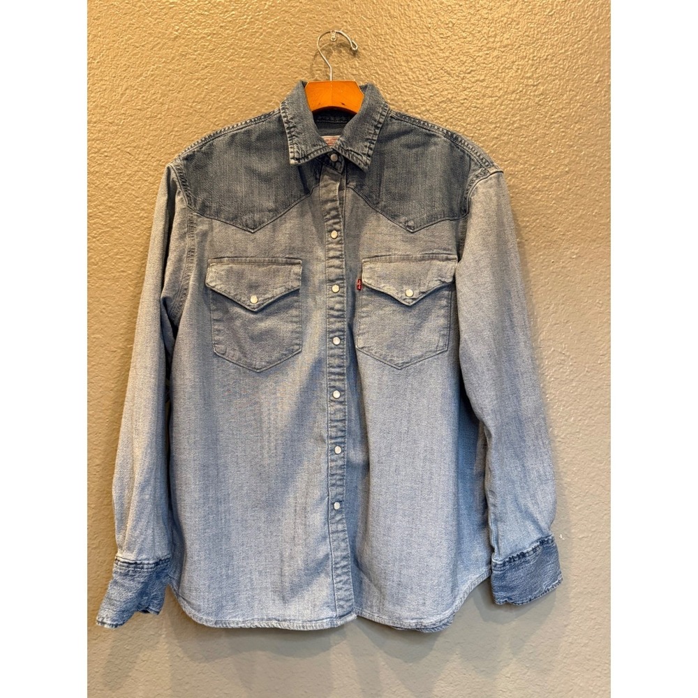 Levis Mens Womens Small Blue Denim Western Shirt Long Sleeve Pearl Snap Two Tone